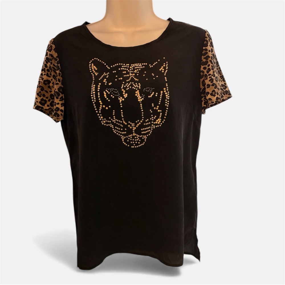 Luna by Josandra Women’s Black With Gold Studded Tiger Top, XS Silk Blouse Rare
